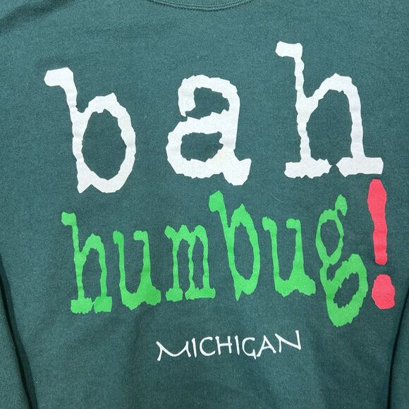 VINTAGE BAH HUMBUG Michigan Size XL DELTA Tag USA GREEN Xmas SWEATSHIRT 90s - Picture 2 of 5